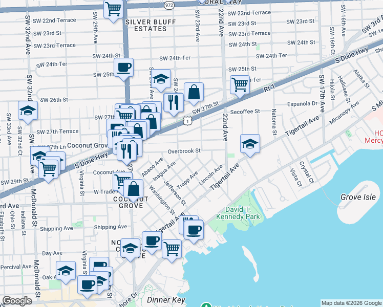 map of restaurants, bars, coffee shops, grocery stores, and more near 3024 Kirk Street in Miami