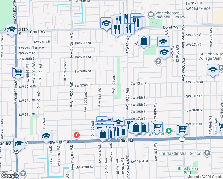 map of restaurants, bars, coffee shops, grocery stores, and more near 3131 Southwest 98th Avenue in Miami