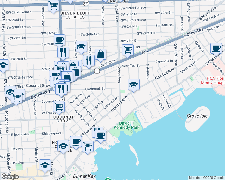 map of restaurants, bars, coffee shops, grocery stores, and more near 2801 Freeman Street in Miami
