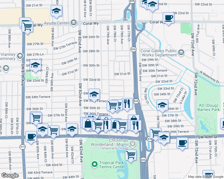 map of restaurants, bars, coffee shops, grocery stores, and more near 3230 Southwest 79th Avenue in Miami