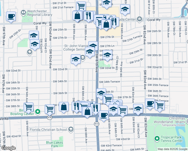 map of restaurants, bars, coffee shops, grocery stores, and more near 8778 Southwest 32nd Street in Miami