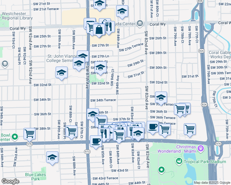 map of restaurants, bars, coffee shops, grocery stores, and more near 8431 Southwest 32nd Terrace in Miami