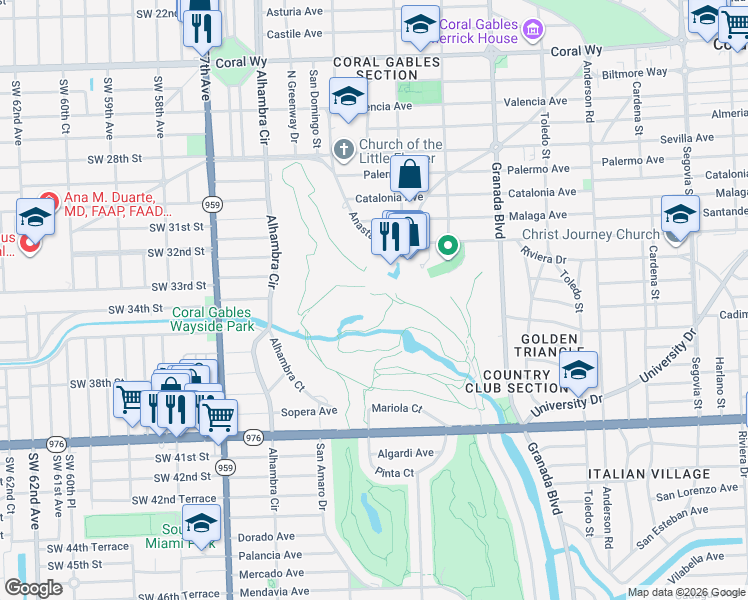 map of restaurants, bars, coffee shops, grocery stores, and more near 1200 Anastasia Avenue in Coral Gables