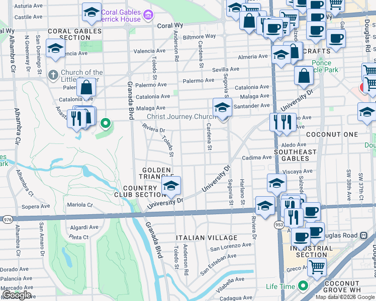 map of restaurants, bars, coffee shops, grocery stores, and more near 737 Camilo Avenue in Coral Gables