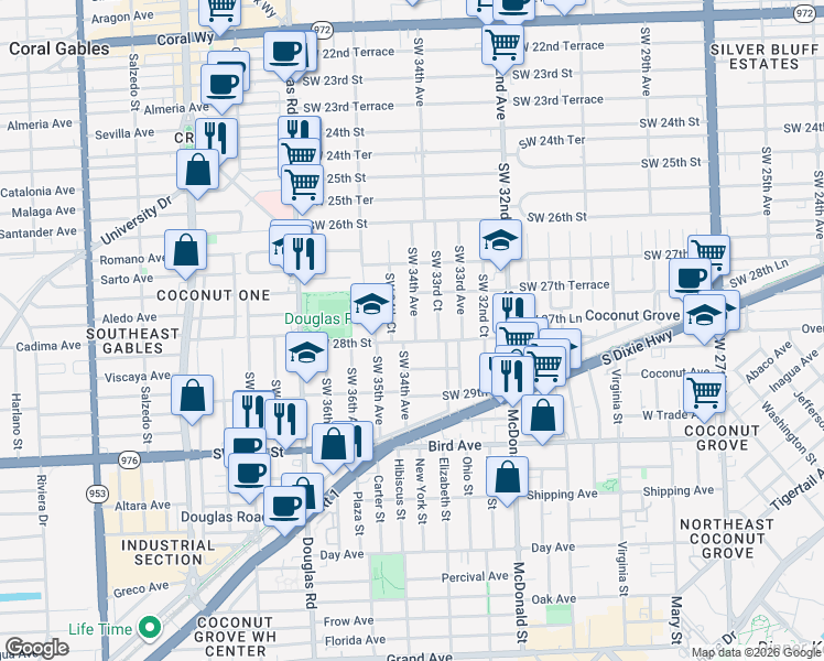 map of restaurants, bars, coffee shops, grocery stores, and more near 2762 Southwest 34th Avenue in Miami
