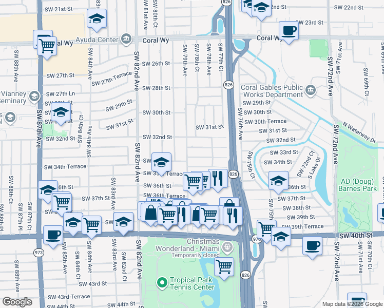 map of restaurants, bars, coffee shops, grocery stores, and more near 3230 Southwest 79th Avenue in Miami