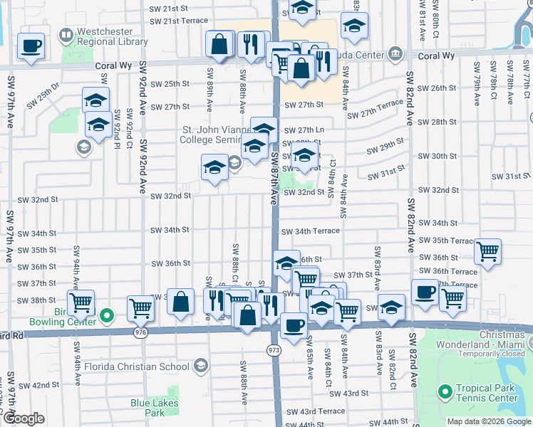 map of restaurants, bars, coffee shops, grocery stores, and more near 8778 Southwest 32nd Street in Miami