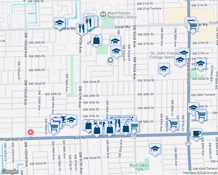 map of restaurants, bars, coffee shops, grocery stores, and more near 3201 Southwest 94th Avenue in Miami