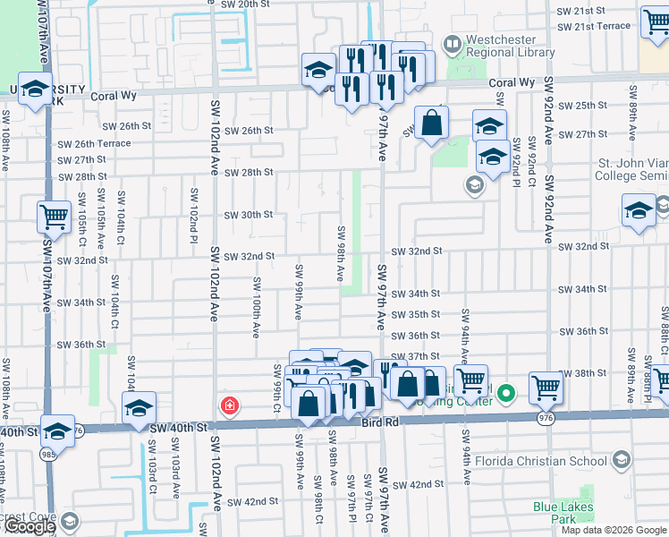 map of restaurants, bars, coffee shops, grocery stores, and more near 3131 Southwest 98th Avenue in Miami