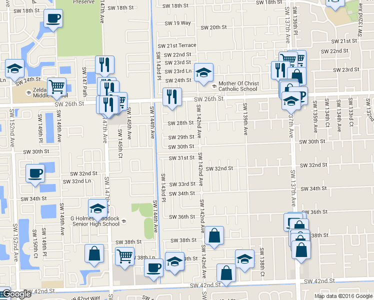 map of restaurants, bars, coffee shops, grocery stores, and more near 14260 Southwest 29th Street in Miami
