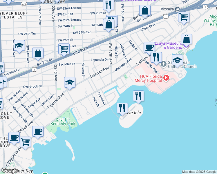map of restaurants, bars, coffee shops, grocery stores, and more near 1750 South Bayshore Drive in Miami