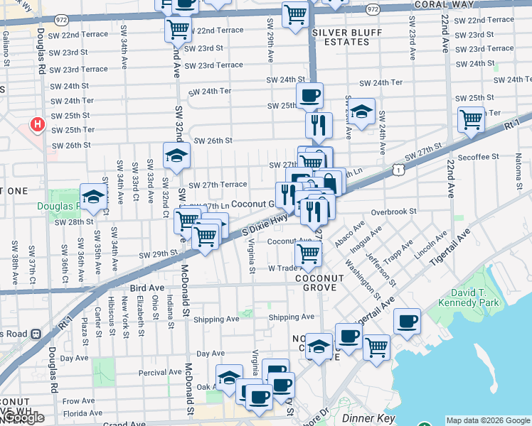map of restaurants, bars, coffee shops, grocery stores, and more near 2923 Southwest 27th Lane in Miami