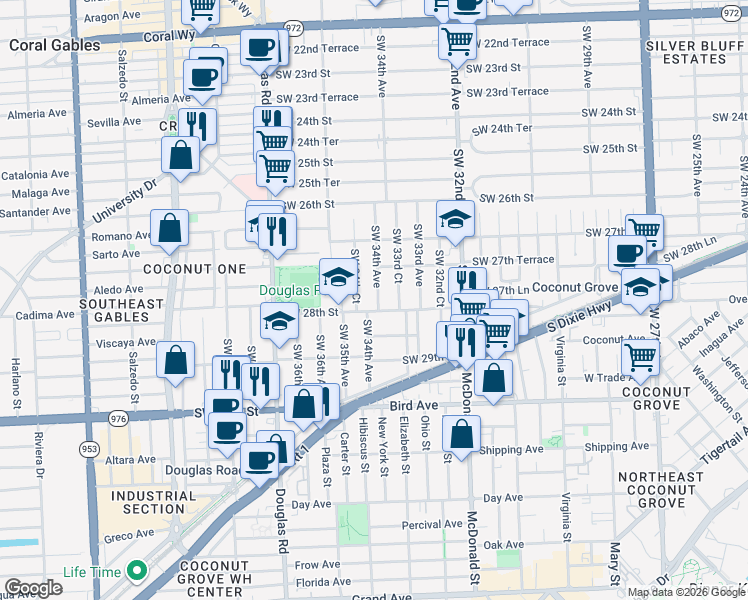 map of restaurants, bars, coffee shops, grocery stores, and more near 2762 Southwest 34th Avenue in Miami