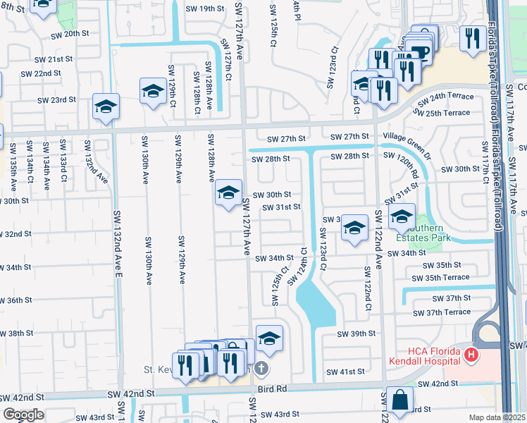 map of restaurants, bars, coffee shops, grocery stores, and more near 12530 Southwest 30th Street in Miami