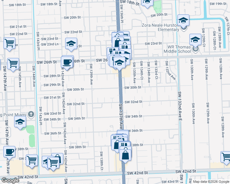 map of restaurants, bars, coffee shops, grocery stores, and more near 13705 Southwest 30th Street in Miami