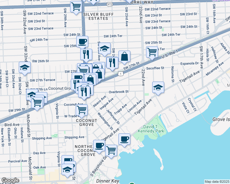 map of restaurants, bars, coffee shops, grocery stores, and more near 2394 Tequesta Lane in Miami