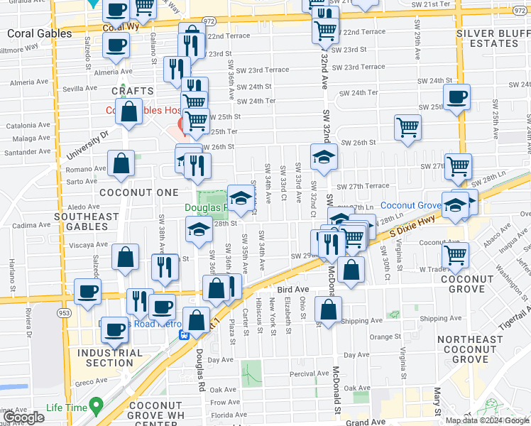 map of restaurants, bars, coffee shops, grocery stores, and more near 2762 Southwest 34th Avenue in Miami