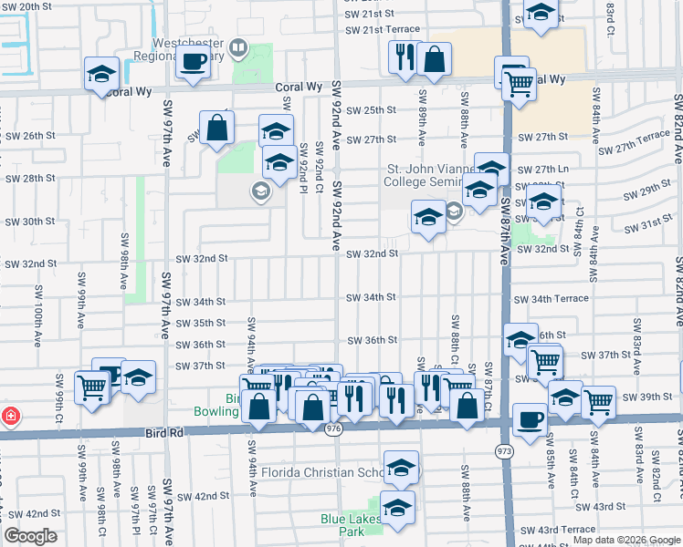 map of restaurants, bars, coffee shops, grocery stores, and more near 9110 Southwest 32nd Street in Miami