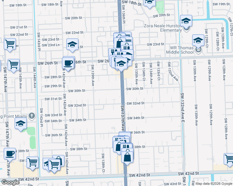 map of restaurants, bars, coffee shops, grocery stores, and more near 13705 Southwest 30th Street in Miami