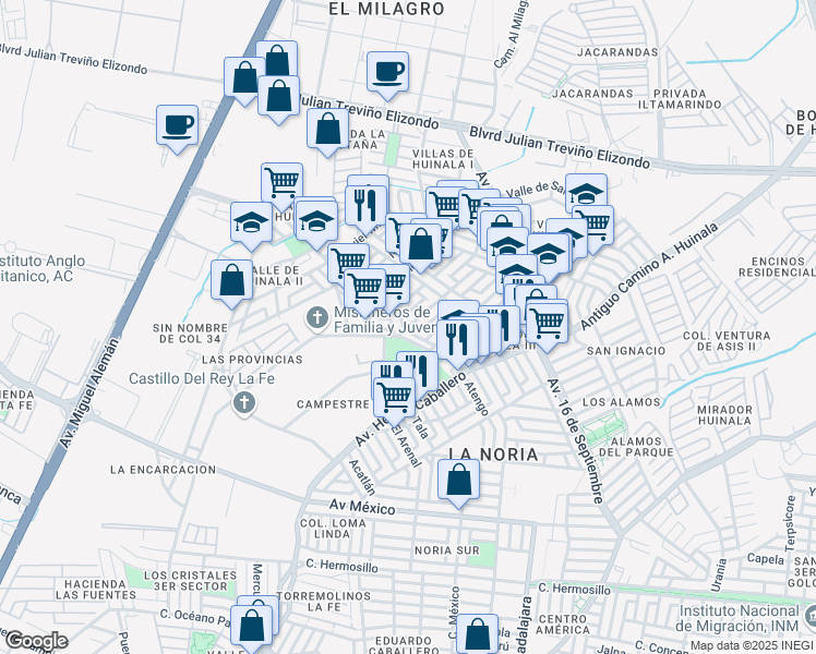 map of restaurants, bars, coffee shops, grocery stores, and more near 403 Guadalupe Victoria in Apodaca