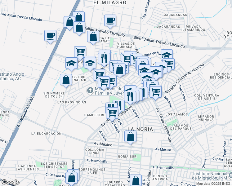 map of restaurants, bars, coffee shops, grocery stores, and more near 403 Guadalupe Victoria in Apodaca