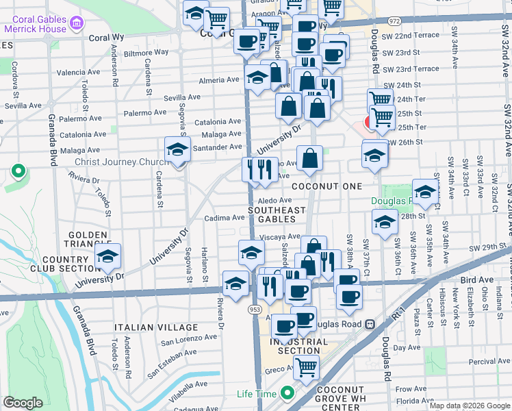 map of restaurants, bars, coffee shops, grocery stores, and more near 3409 South Le Jeune Road in Coral Gables