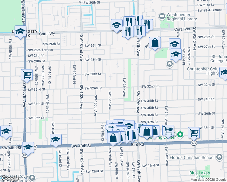 map of restaurants, bars, coffee shops, grocery stores, and more near 9861 Southwest 32nd Street in Miami