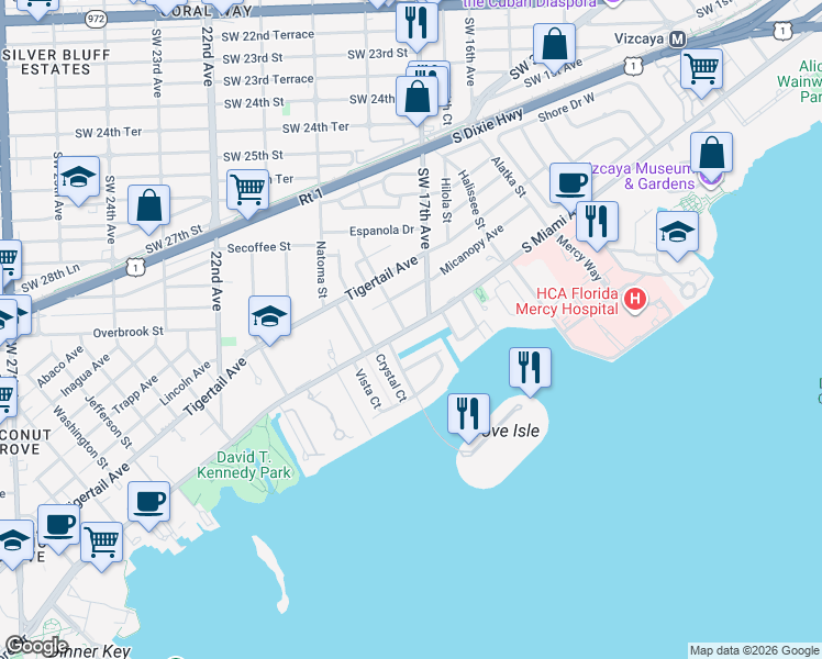map of restaurants, bars, coffee shops, grocery stores, and more near 1800 South Bayshore Drive in Miami