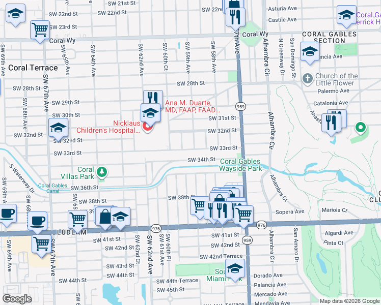 map of restaurants, bars, coffee shops, grocery stores, and more near 3255 Southwest 59th Avenue in Miami