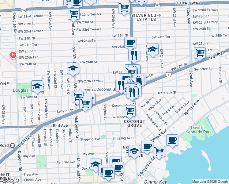 map of restaurants, bars, coffee shops, grocery stores, and more near 2900 Southwest 28th Lane in Miami