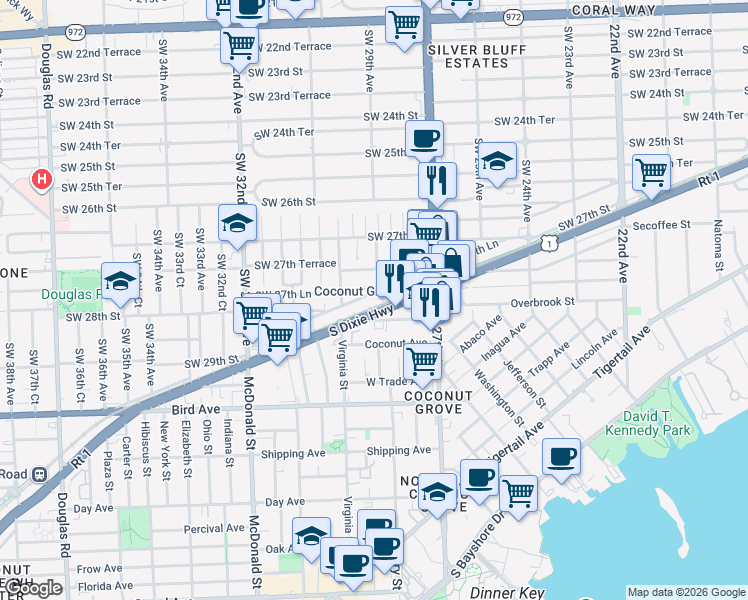 map of restaurants, bars, coffee shops, grocery stores, and more near 2923 Southwest 27th Lane in Miami