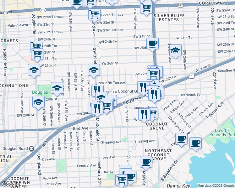 map of restaurants, bars, coffee shops, grocery stores, and more near 3041 Southwest 27th Lane in Miami