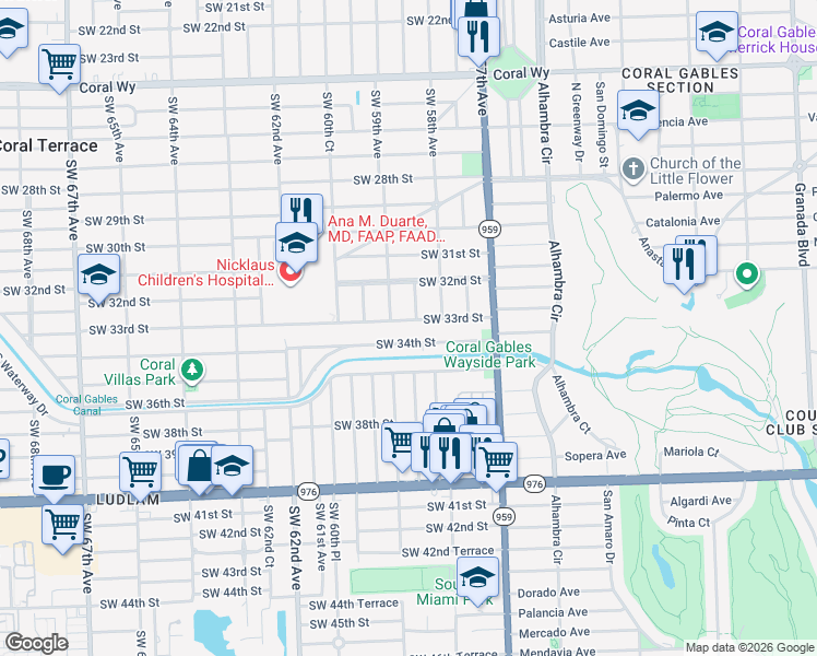 map of restaurants, bars, coffee shops, grocery stores, and more near 3255 Southwest 59th Avenue in Miami
