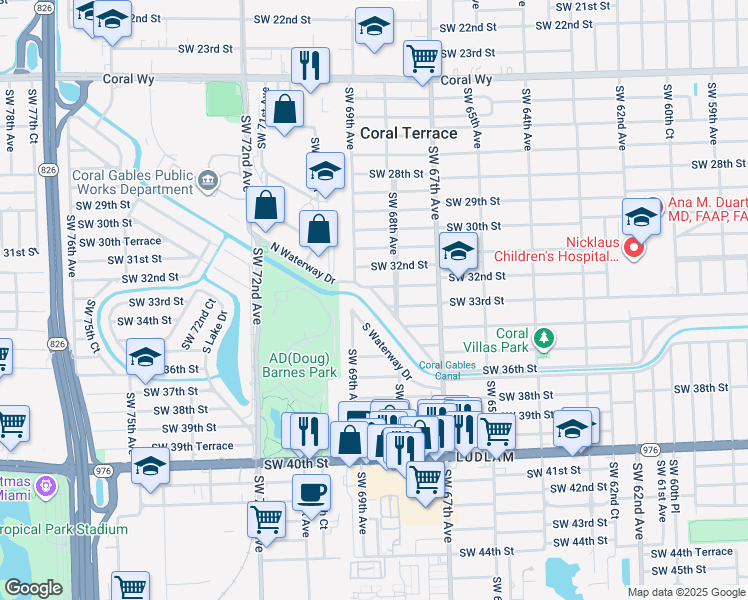 map of restaurants, bars, coffee shops, grocery stores, and more near 6800 Southwest 32nd Terrace in Miami