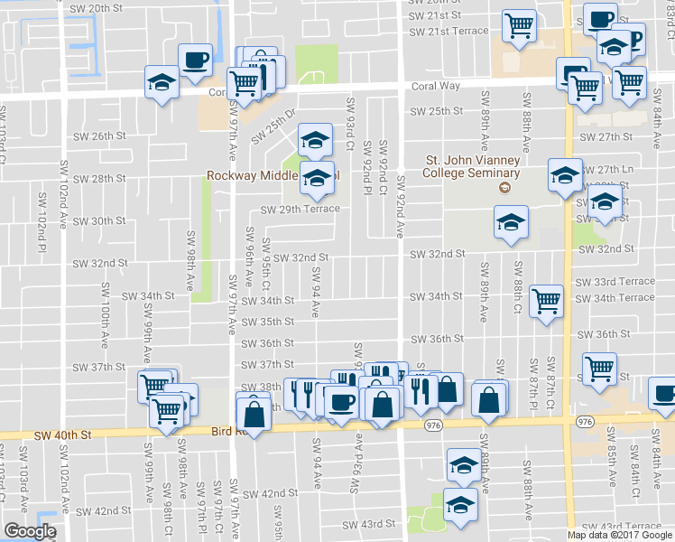 map of restaurants, bars, coffee shops, grocery stores, and more near 3205 Southwest 93rd Court in Miami