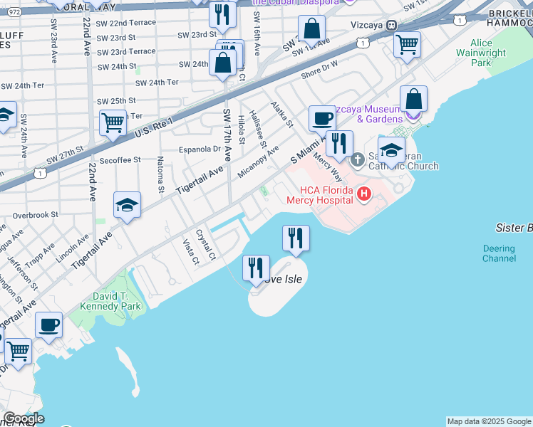 map of restaurants, bars, coffee shops, grocery stores, and more near 3524 East Fairview Street in Miami