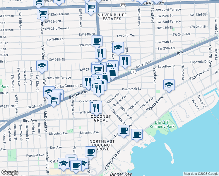 map of restaurants, bars, coffee shops, grocery stores, and more near 2551 Southwest 27th Lane in Miami