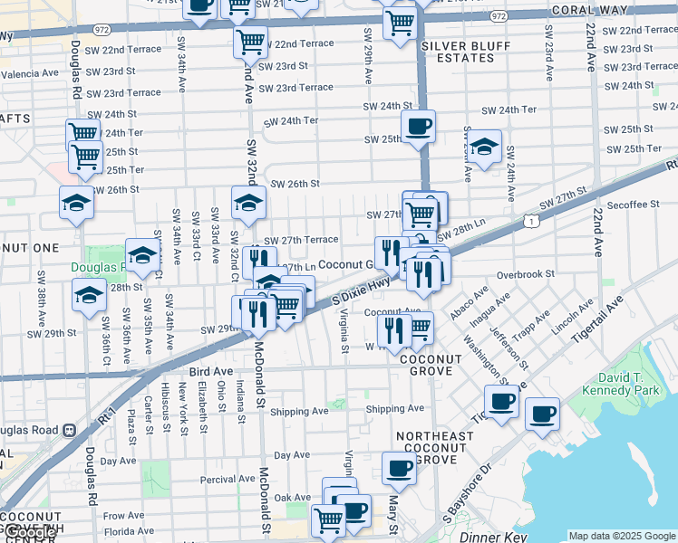 map of restaurants, bars, coffee shops, grocery stores, and more near 2796 Southwest 30th Avenue in Miami