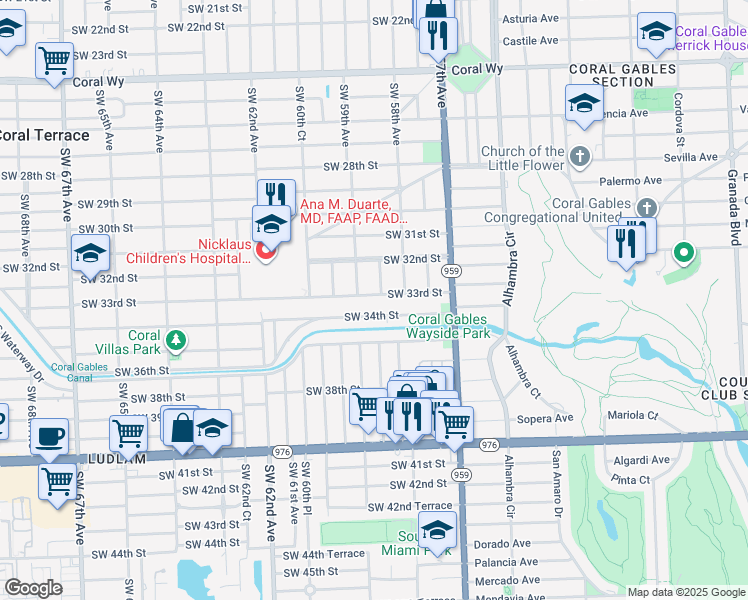 map of restaurants, bars, coffee shops, grocery stores, and more near 3255 Southwest 59th Avenue in Miami