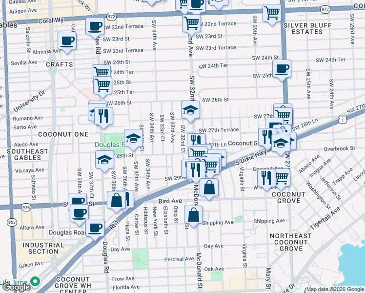 map of restaurants, bars, coffee shops, grocery stores, and more near 2765 Southwest 32nd Court in Miami