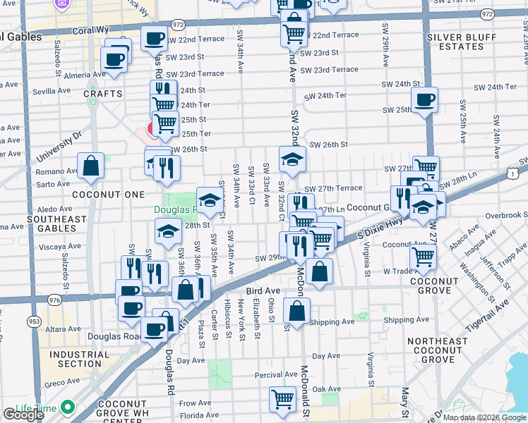 map of restaurants, bars, coffee shops, grocery stores, and more near 2773 Southwest 33rd Court in Miami