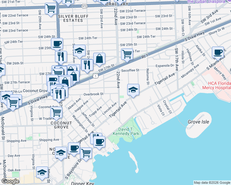 map of restaurants, bars, coffee shops, grocery stores, and more near 2220 Tequesta Lane in Miami