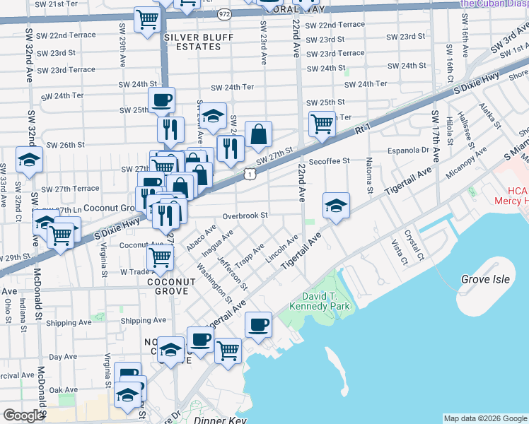 map of restaurants, bars, coffee shops, grocery stores, and more near 2300 Tequesta Lane in Miami