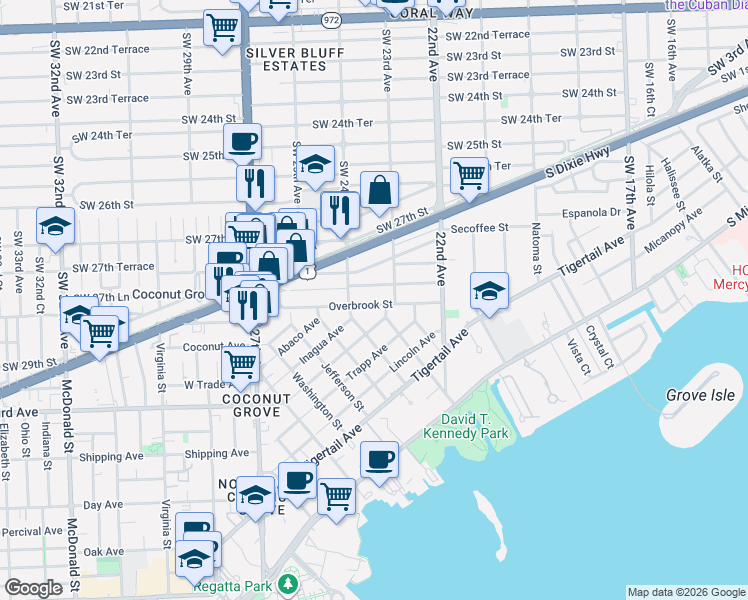 map of restaurants, bars, coffee shops, grocery stores, and more near 2300 Tequesta Lane in Miami