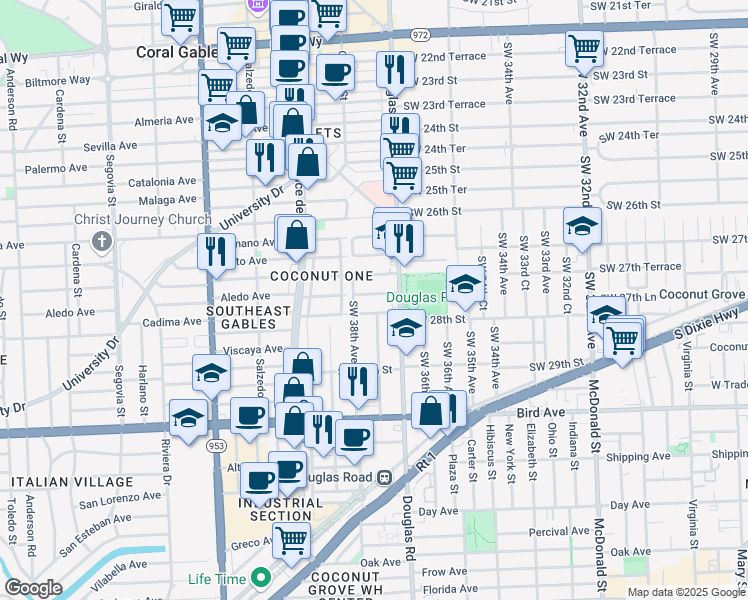 map of restaurants, bars, coffee shops, grocery stores, and more near 3781 Southwest 27th Lane in Miami