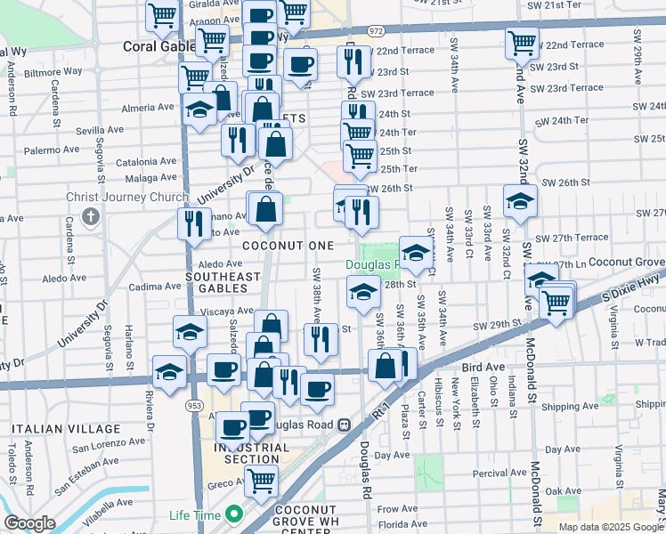 map of restaurants, bars, coffee shops, grocery stores, and more near 3781 Southwest 27th Lane in Miami