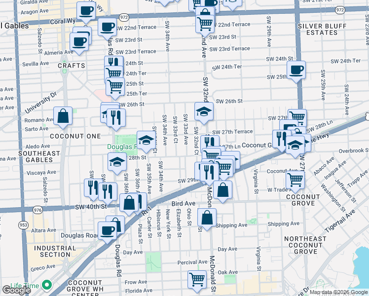 map of restaurants, bars, coffee shops, grocery stores, and more near 2773 Southwest 33rd Court in Miami