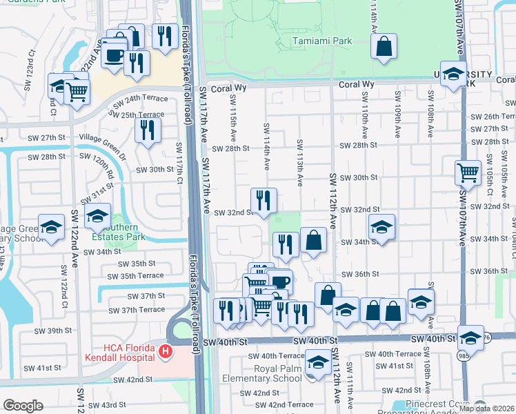 map of restaurants, bars, coffee shops, grocery stores, and more near 3110 SW 114th Ave in Miami