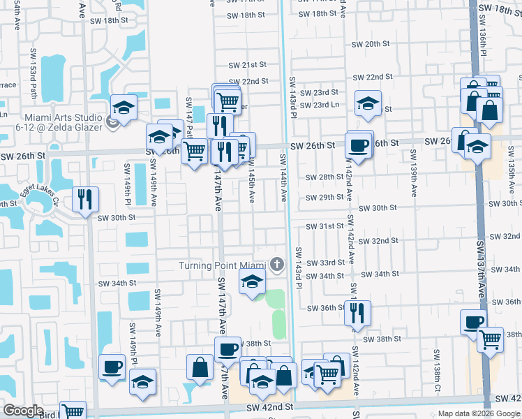 map of restaurants, bars, coffee shops, grocery stores, and more near 2945 Southwest 145th Avenue in Miami