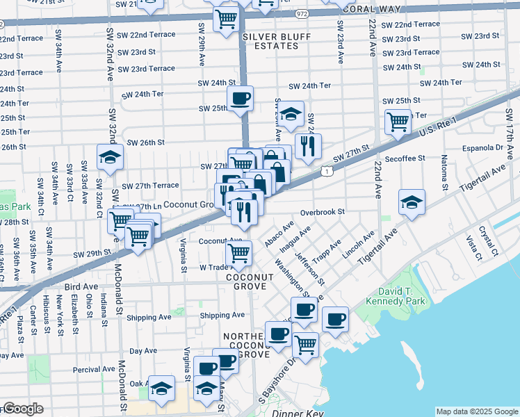 map of restaurants, bars, coffee shops, grocery stores, and more near 2551 Southwest 27th Lane in Miami
